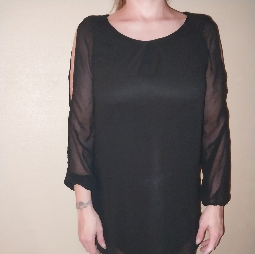As U Wish cold shoulder mini dress with sheer sleeves